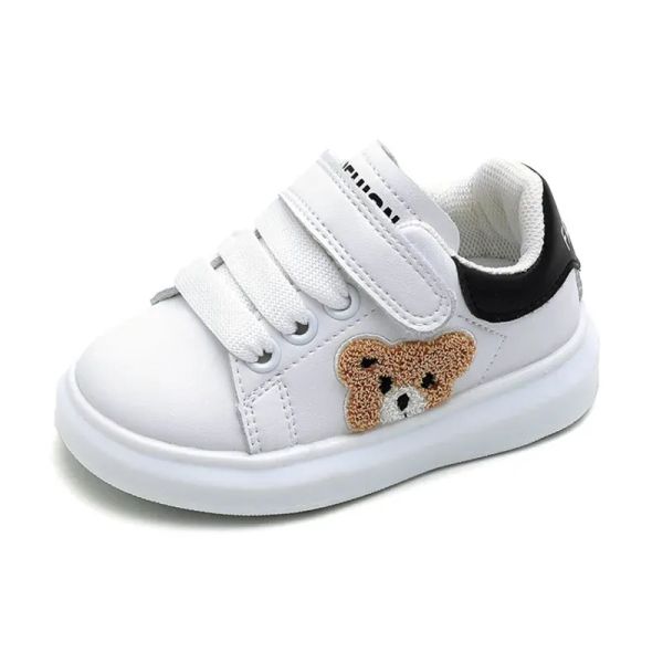 

Baby Autumn First Walkers Leather Toddler Boys Girls Sneakers Cute Bear Soft Sole White Tennis Fashion Little Kids Shoes 1525, Black