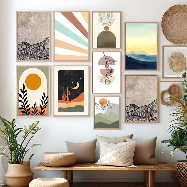 

3 pieces Wooden Framed Canvas Poster yellow sunrise, blue mountains, abstract nature landscape art, Creative Waterproof Canvas Posters