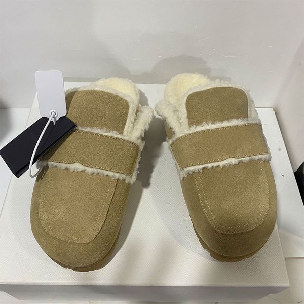 Suede and shearling slippers Ecru 1S711M womens designer mule suede slippers new winter mule shearling lining Lug tread Shearling covered insole Warm Comfort Mules