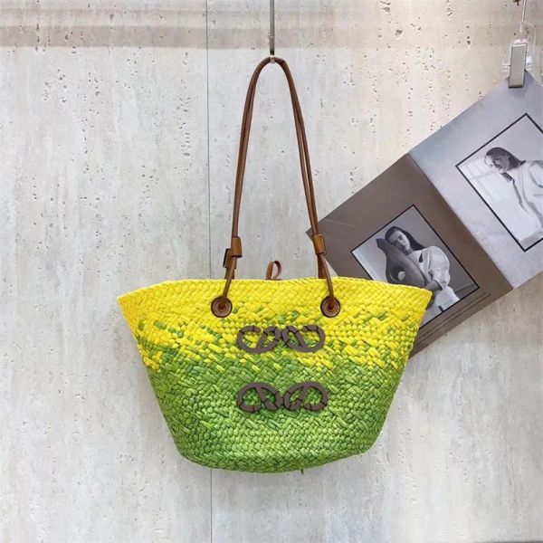 

Women BOHO straw french bag beach totes ombre bag womens Designer crochet knitting Bags embroidery letter summer casual shoulder soft knit, Brown