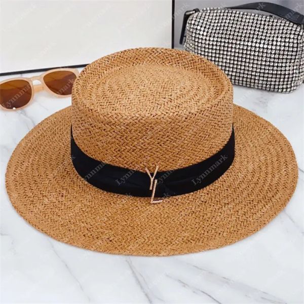

Gold Buckle Straw Hat For Woman Designer Beach Bucket Hats Summer Grass Braid Luxury Mens Flat Fitted Buckets Hat Bob Vacation Sunhats Casquette, Brown2