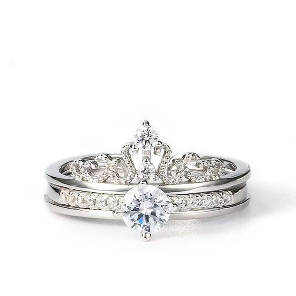 

925 sterling silver double-layer crown crown women's open ring retro style micro-set diamond rings combination set