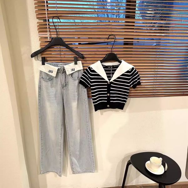 

miumi t shirt jeans set Navy collar striped short knit top paired with rolled over denim wide leg pants set