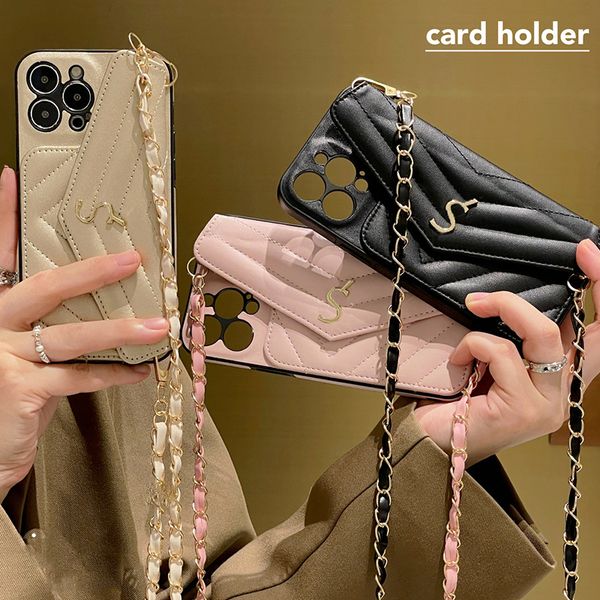 

For Pro Max Crossbody Phone Designer Apple iPhone 14 ProMax 13 12 11 15 16 Plus phone Card Holder Leather Case Chain Strap Lanyard, Black