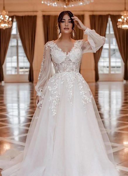 Long Sleeves Boho Wedding Dresses V-Neck Beaded Lace Appliques Garden Beach Bridal Gown Ivory A Line Tulle Vestidos De Novia