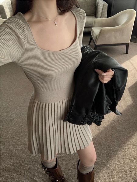 

Luxury Clothes Women Basic dresses for woman Casual Dresses Square necked long sleeved knitted dress slim fit and slimming A line pleated bottom skirt 4 colors, Gray