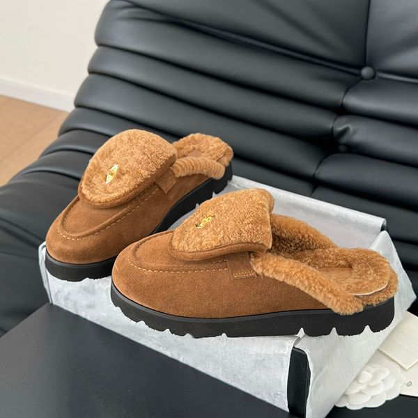 

24ss Designer Womens School Bag Buckle Flip Plush Shoes Vintage Round Toe Suede Non-Slip Dress Shoes Winter Warm Outdoor Casual Shoes With Dust Bag, Brown