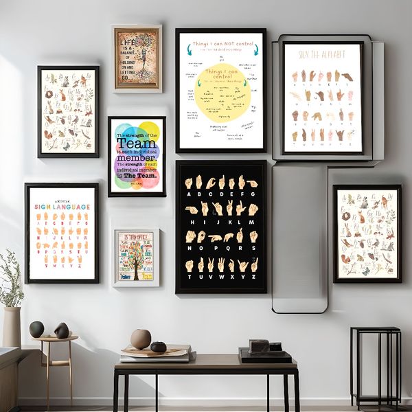

1Pc Wooden Framed Canvas Poster, American Sign Language, Bohemian style, Montessori teaching aids, Creative Waterproof Canvas Posters