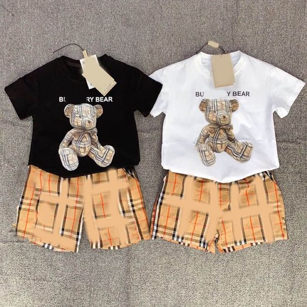 

British style short sleeved shorts set classic two-piece clothes trendy plaid pants for boys girls cartoon teddy bear printed t-shirt Clothing CSD2404196, Beige