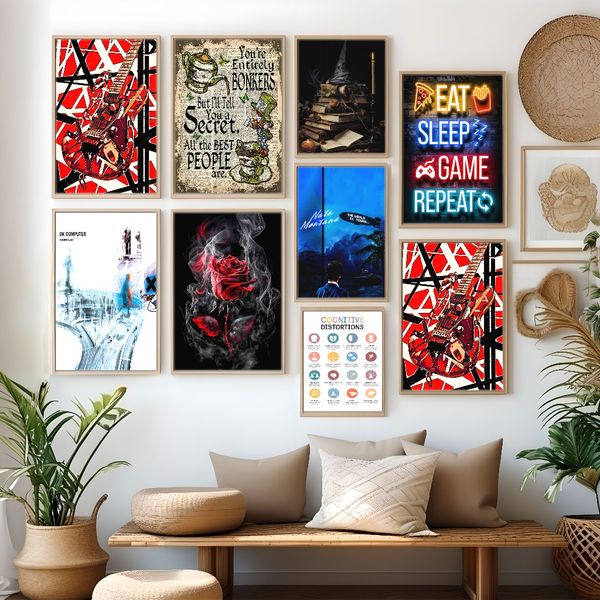 

1Pc Wooden Framed Canvas Poster, Modern art, eat sleep play repeat, neon game controller, Creative Waterproof Canvas Posters, Bedroom