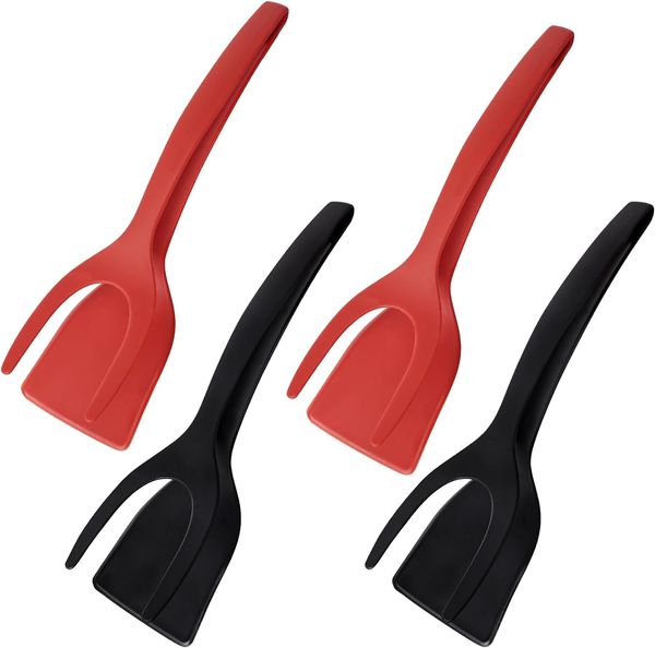 

2-in-1 handle and flip scraper tongs, multi-functional non-stick kitchen scraper tongs Barbecue tongs for kitchen cooking baking (black and red)