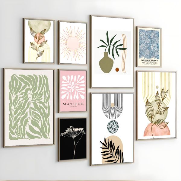 

3 pieces Wooden Framed Canvas Poster Mid-century modern abstract art, geometric and leaves poster, Creative Waterproof Canvas Posters