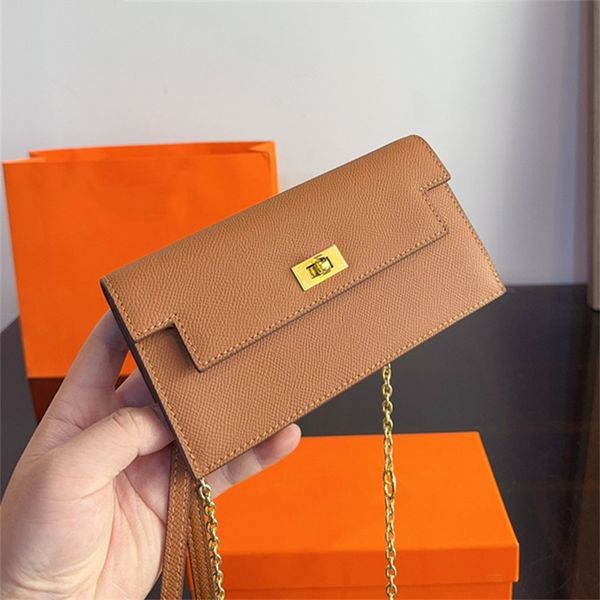 

Mini Crossbody Chain Bag Designer Shoulder Bags Plain Clutch Bag Zipper Pocket Holders Genuine Leather 4 Colors, Khaki(19*2*10cm)