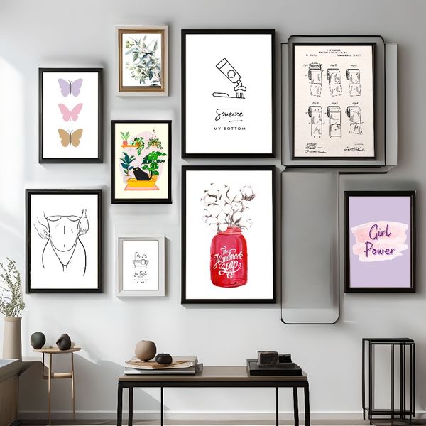 

3 pieces Wooden Framed Canvas Poster Bathroom Art Prints, Creative Waterproof Canvas Posters, Bedroom, Office, Living Room, Cafe, Bar