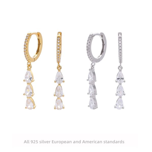 

S925 sterling silver inlaid zircon drop hoop earrings popular ins style earrings simple and versatile temperament sweet earrings