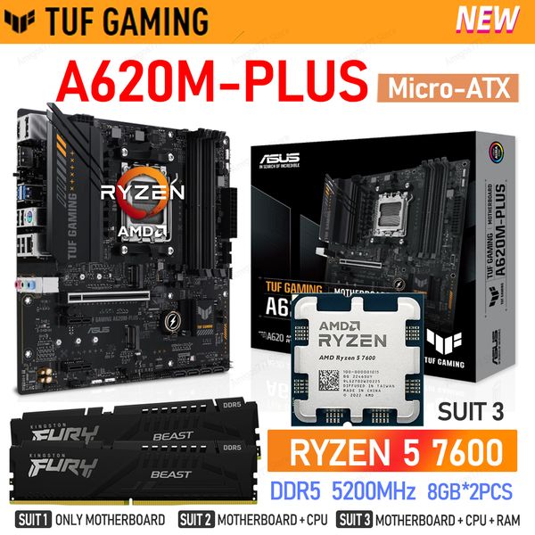 ASUS TUF GAMING A620M PLUS DDR5 Motherboard CPU RAM Combo Set R5 7600 Ryzen R5 Processor + 5200MHz 8GB*2pcs Memory AMD A620 mATX