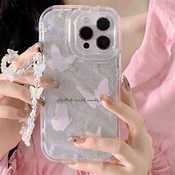 

Fashion Luxury Glitter Purple Butterfly Flowers Designer TPU Protective Phone Cover Women Girls Case For iPhone 16 Pro Max 15 14 13 12 11 Pro Max XR X/XS Max With Charm, Silver