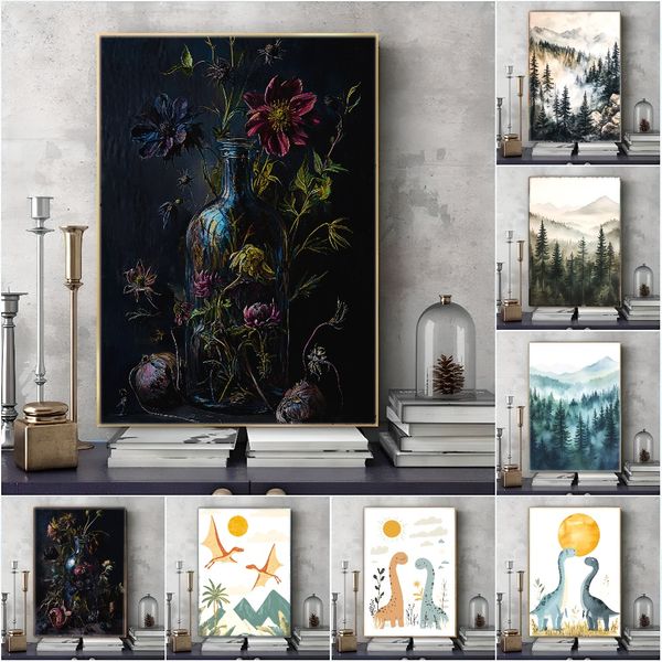 

3 pieces Wooden Framed Canvas Poster dinosaur art, animal art, sun, moon, mountains, Creative Waterproof Canvas Posters, Bedroom, Office