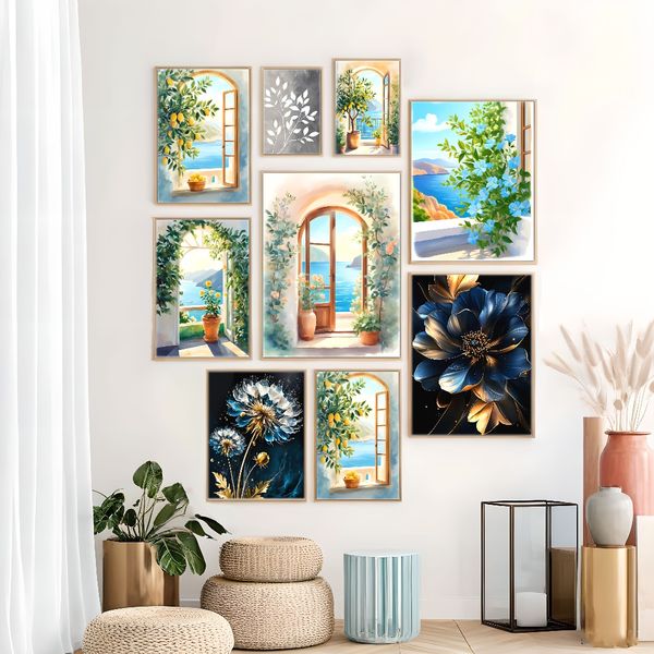 

3 pieces Wooden Framed Canvas Poster Floral art, gold, blue, modern fashion decoration, Creative Waterproof Canvas Posters, Bedroom, Office