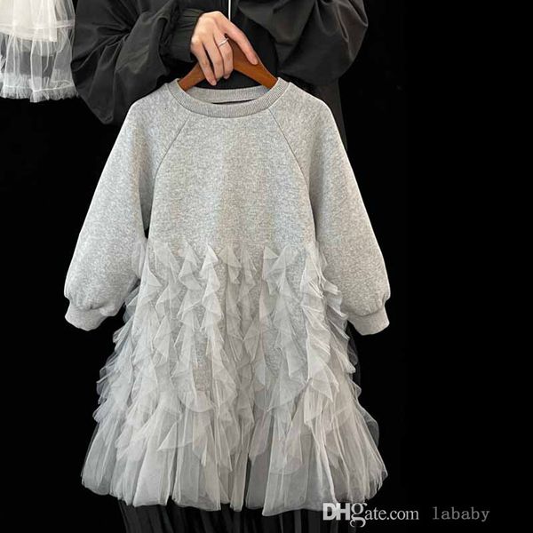 

Autumn Winter Baby Girls Clothes Hoodie Princess Dress Fashion Patchwork Mesh Full Sleeve Long Dresses A-e Skirt Kid Clothing, Gray