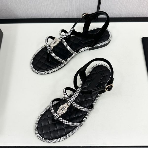 

Ladies Slingheeled Sandals Designer Thick-Heeled Dress Shoes Strass Leather-Lined Outdoor Casual Shoes Beach Shoes Ladies Party Wedding Shoes With Dust Bag, Black