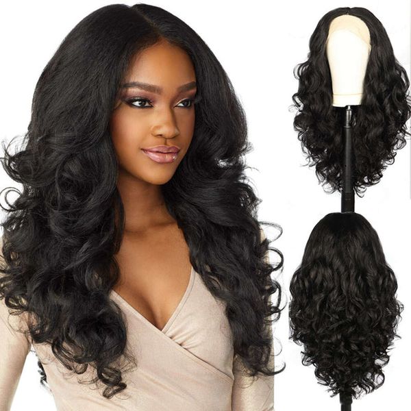 

Cross Border European and American Women's Wig Front Lace Wig Yaki Black Split Fluffy Long Curly Hair Synthetic Fiber Full Head Set Wigs