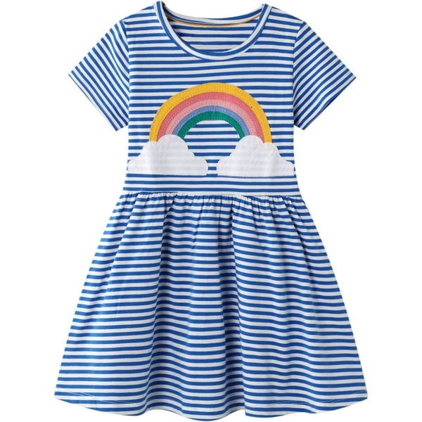 

Cotton long sleeve casual cartoon decal striped dress for girls, Blue green