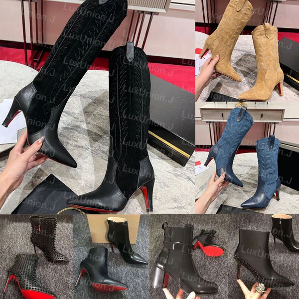 Embroidery Knee Western Cowboy Boots Pointed Toe Stiletto Heel Boots Women Luxury Designer Leather Red Bottom Rivet Boot Lady High Heels Martin Ankle Short Booties