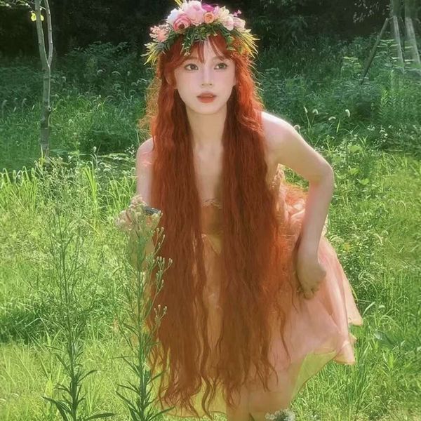 

Water Ripple Wig, Women's Long Curly Hair, Fashionable White and Dirty, Orange Wool Roll, Lolita Simulation Human Hair, Full Head Set Style