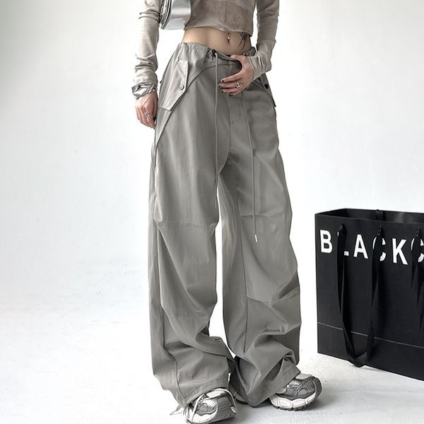 

Designer pants women cargo pants men large pockets retro wide leg pants loose ruffian style floor mop pants, Black