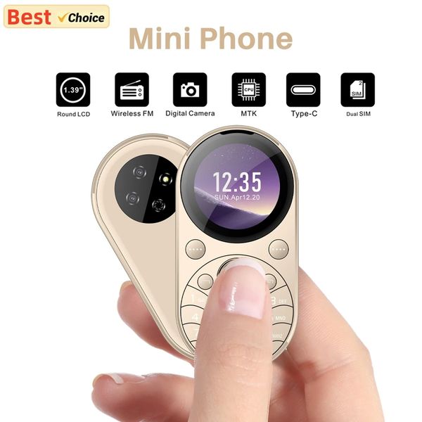 

Unlocked i15 mini Oval Small Mobile Phone Dual SIM GSM Cell phones 1.39 inch Screen Speed Dial Magic Voice Blacklist Vibration FM Radio Type-C, Gold