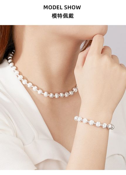 

S925 sterling silver laser brushed cat's eye beaded necklace women's niche high-end simple light luxury design clavicle chain