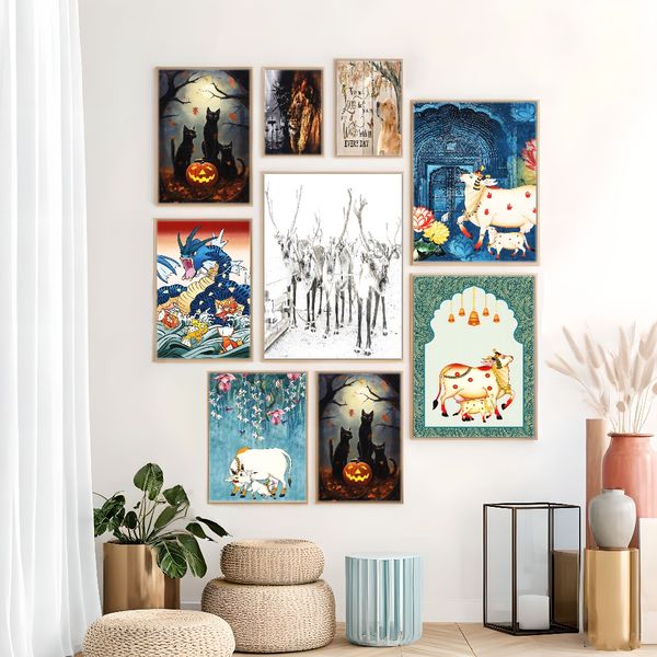 

1 piece unframed painting print,indian folk art, pichwai cow, flower art,creative waterproof canvas poster, bedroom, office, living room