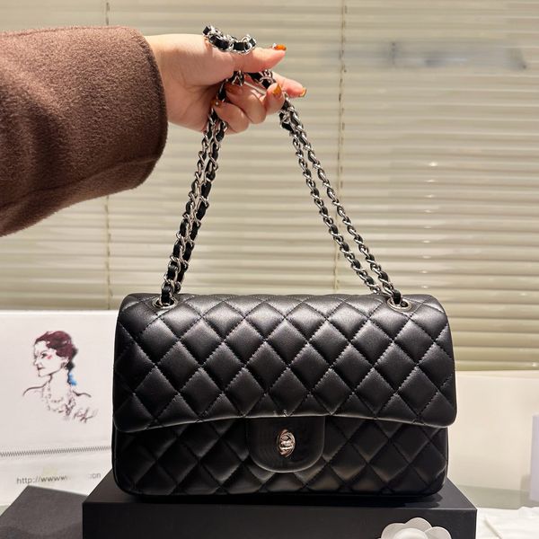 

AS1112 CF Designer Classic Lambskin Double Flap Bags Real Leather Silver/Gold Metal Hardware Matelasse Chain Crossbody Shoulder Outdoor Sacoche Handbags 25CM, Black