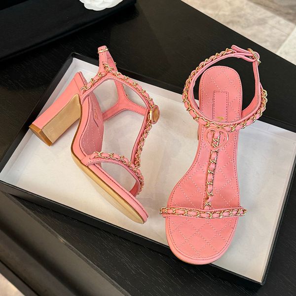 

Women 2.5cm/4.5cm/8.5cm High Heel Sandals Designer Classic Round Toe Lambskin Chain Outdoor Casual Shoes Women Dress Party Shoes Wedding Shoes, Pink a