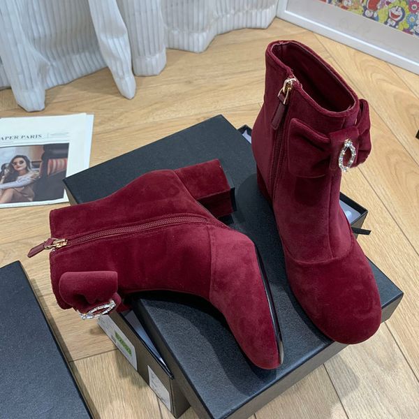 

Ladies Chunky Heeled Velvet Camellia Ankle Shoe Designer Retro Black Round Toe Casual Shoe Bow With Strass Embellishing Outdoor Dress Shoe Party Shoe, Burgundy