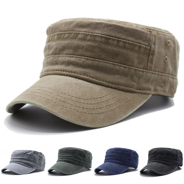 

New Washed Cotton Flat Top Military Cap Women Men Outdoor Fisherman Caps Retro Army Hats Classic Denim Adjustable Sun Hat, Khaki