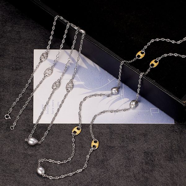 

New 925 sterling silver pig nose sweater chain women's light luxury niche ins personality trend gold and silver contrast necklace