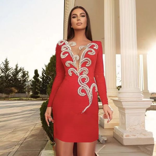 

hot sale women lady sexy see through rhinestone long sleeve bandage dresses free ship HL3326, Red