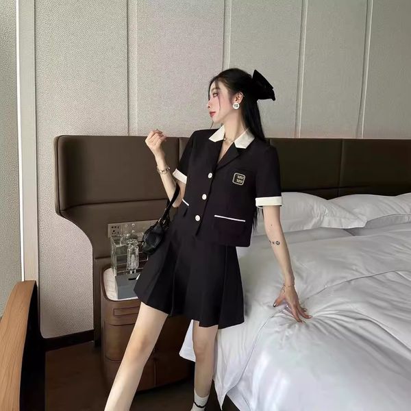 

miumi clothes two piece set women designer Preppy style fashion skirt outfits Short top slimming pleated skirt set, Black