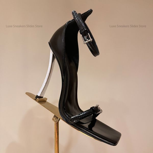 

Luxury Designer patent leather Heel Pumps 110mm high square open toe Stiletto Heels buckle strap shoe Party Evening Dress shoes Womens factory footwear, White