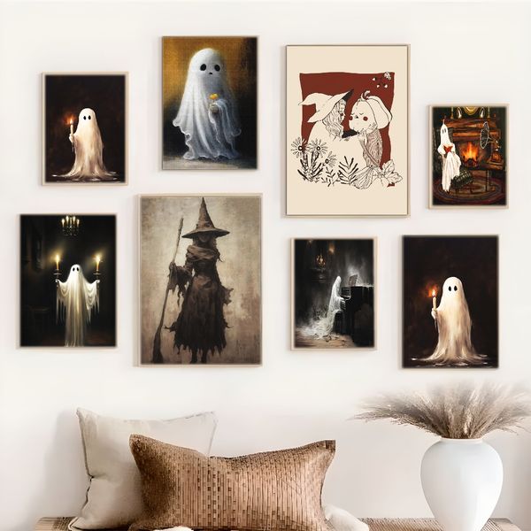 

1 piece unframed painting print, Halloween witch, Halloween gifts,creative waterproof canvas poster, bedroom, office, living room, cafe
