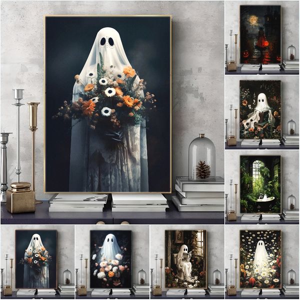 

1 piece unframed painting print,Oscar the ghost swing, vintage ghost art, halloween gift,creative waterproof canvas poster, bedroom, office