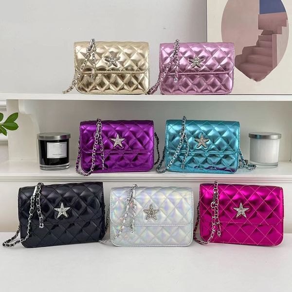 

2in1 Shiny Women Designer Classic Flap Bag with Star Coin Purse Patent Leather Golden Metal Hardware 19cm Gold/Silver Luxury Cross Body Shoulder Handbag, Purple