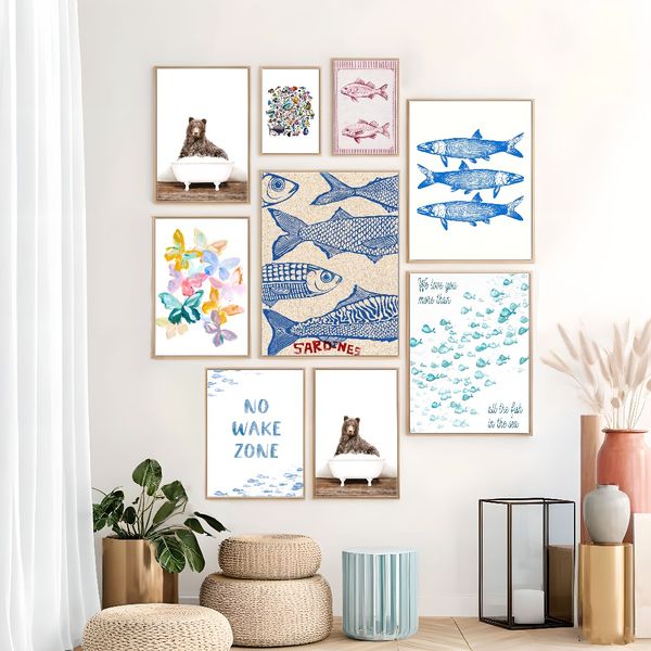 

1 piece unframed painting print,fish in no wake zone, nautical art, minimalist art,creative waterproof canvas poster, bedroom, office