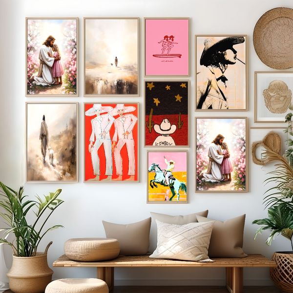 

1 piece unframed painting print,urban cowboy art, mid-century modern cowboy portraits, retro western aesthetics