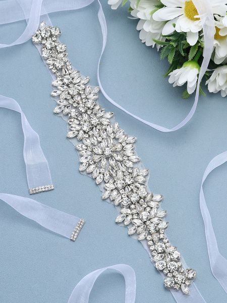 

1pc women's silver alloy satin ribbon diamond applique bridal belt wedding jewelry suitable for wedding use, White