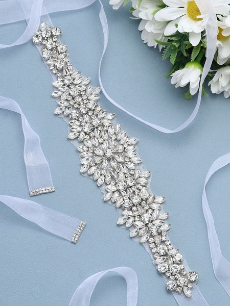 

1pc women's silver alloy satin ribbon diamond applique bridal belt wedding jewelry suitable for wedding use, White