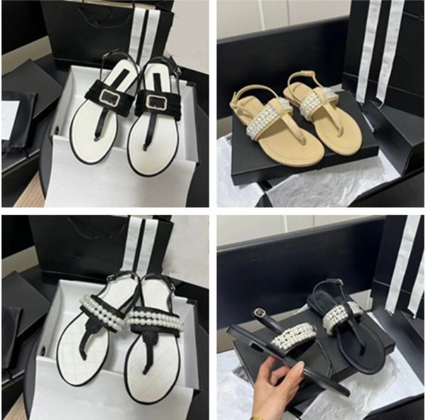 

Designer women flat sandals Open toe pearl Pinching toes pullover ladies flip-flops black white outer female wear versatile ladies beach sandalsc 35-41, Khaki 02