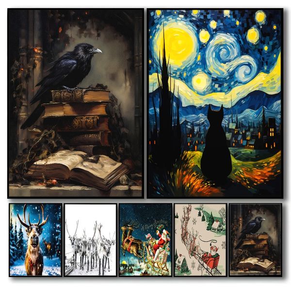 

1 piece unframed painting print,deer art,winter art,christmas gifts,creative waterproof canvas poster, bedroom, office, living room, cafe